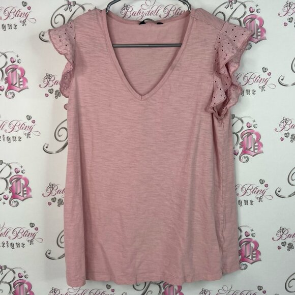 Denver hayes tshirt tee crochet sleeve style Pink Ruffle Sleeve V-Neck Top - Picture 1 of 10
